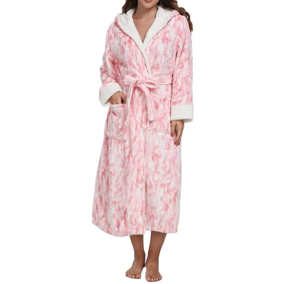 Htigea Plush Flannel Bathrobe for Women Long Shawl Collar Belted Robes Sleep Loungewear Soft Comfy Winter Nightwear with Pocket Pink,S