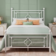 Einfach Full Size Heavy Metal Bed with Vintage Headboard Pattern, White