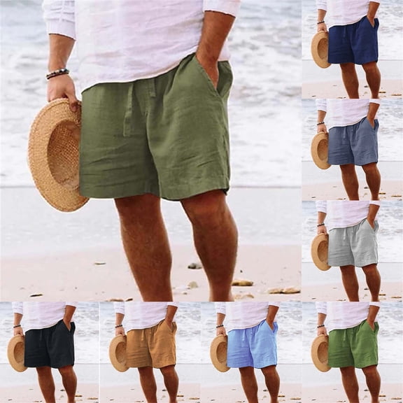 Men's Linen Shorts Casual Elastic Waist Drawstring Summer Beach Vacation Yoga Golf Shorts Summer Golf Lounge Clothes with Pockets Jn L