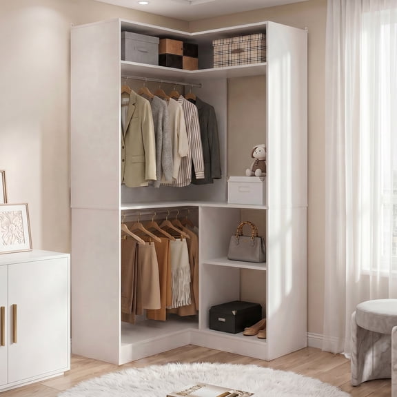 Homieasy 34" W Corner Closet System with Hanging Rods, White