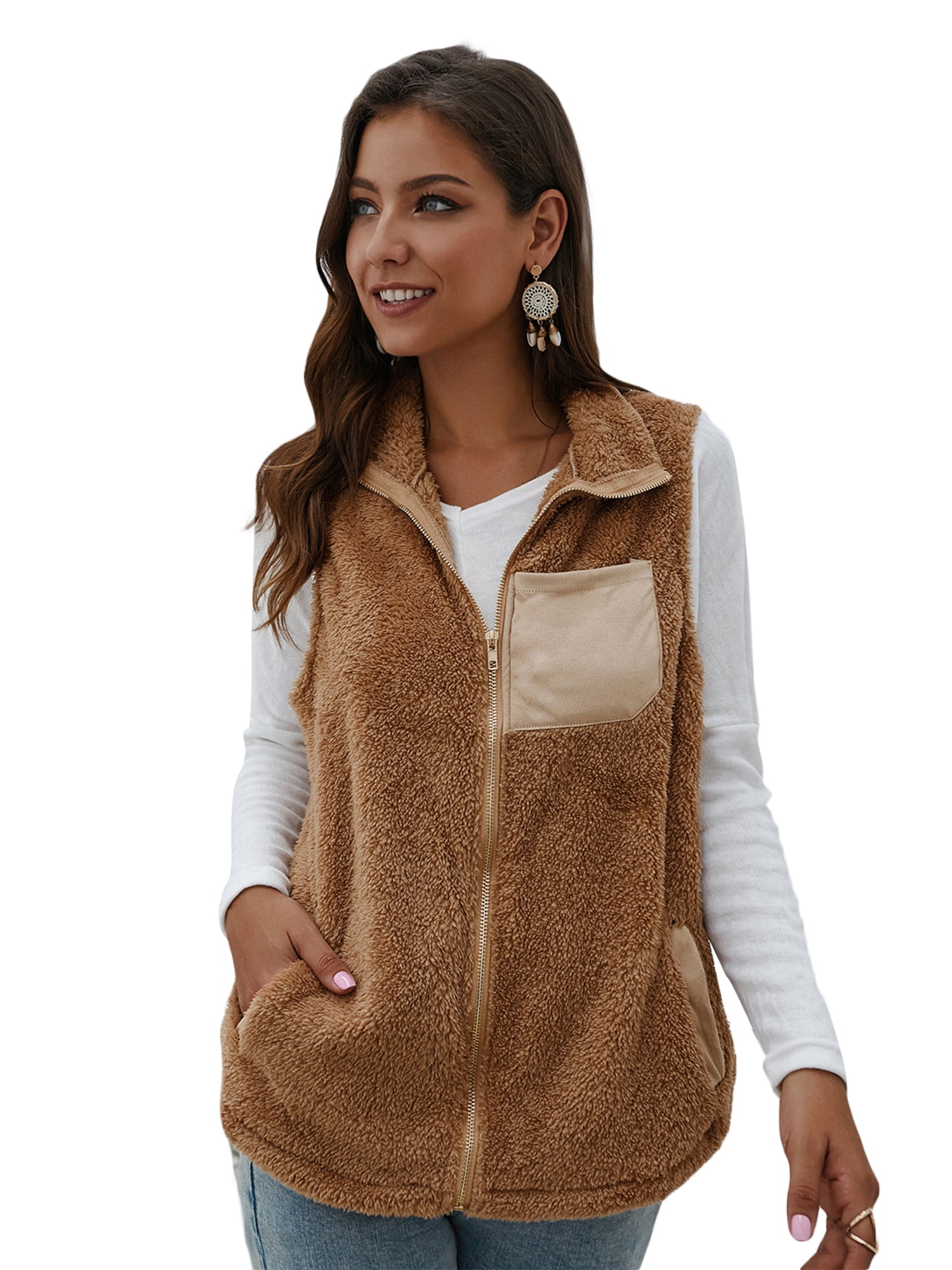 Women Solid Plush Faux Fur Sleeveless Keep Warm Vest Coat Vest Cardigan with Pockets