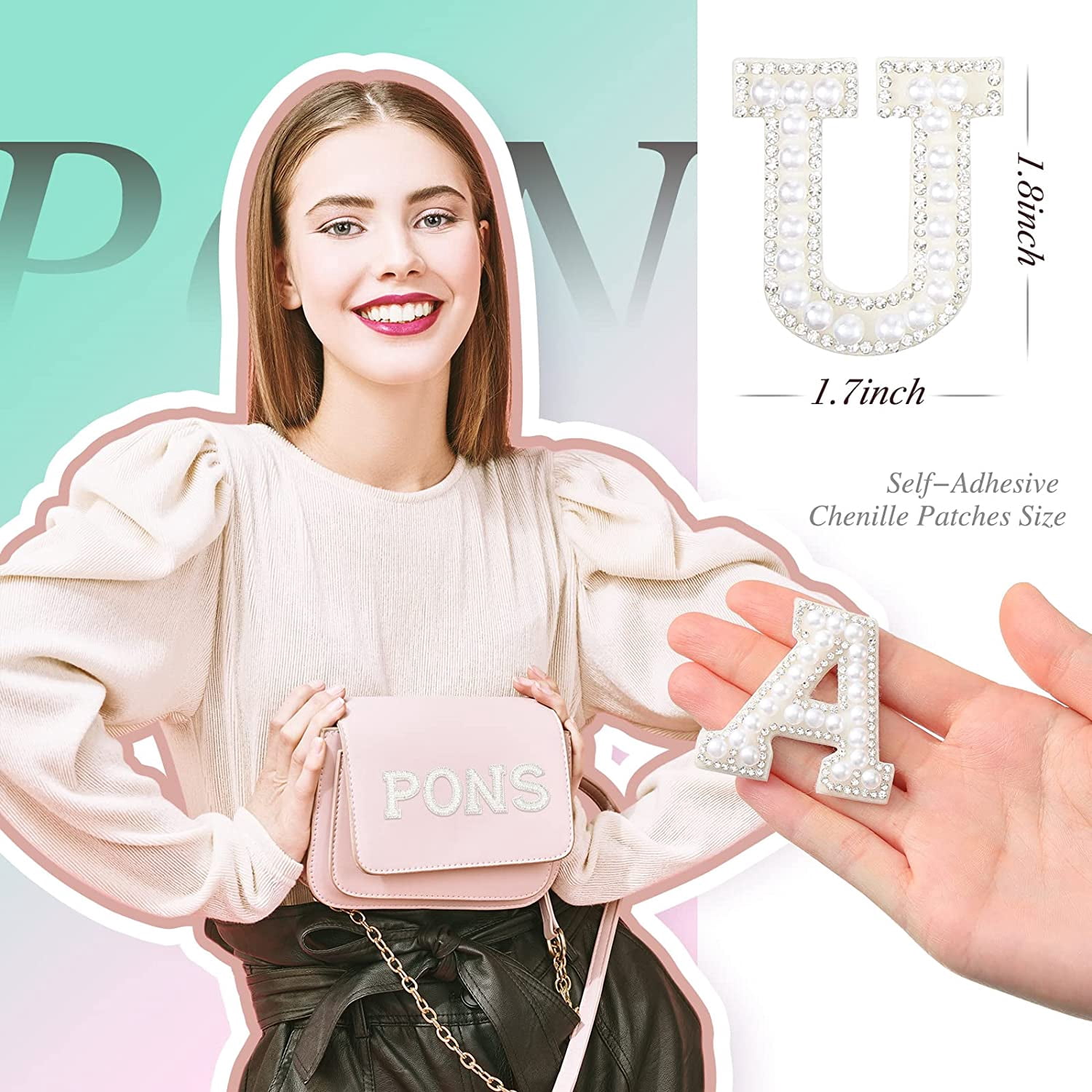 52 Pieces Self Adhesive Pearl Rhinestone Letter Patches A-Z Bling Rhinestone Letter Stickers Glitter Alphabet Appliques Sticker for DIY Clothes Bags Hats Phone Backpacks(White)