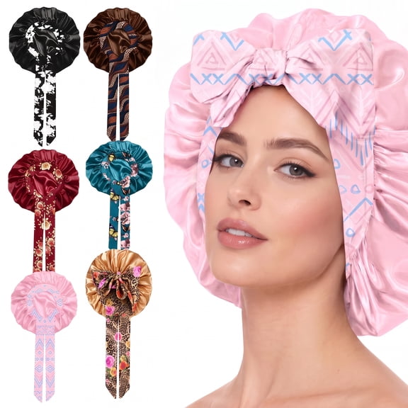6 Pack Printed Satin Sleep Bonnets with Long Tie Bands, Extra Large Wide Edge Hair Bonnets, Adjustable Reusable Shower Caps for Women Daily Hair Care