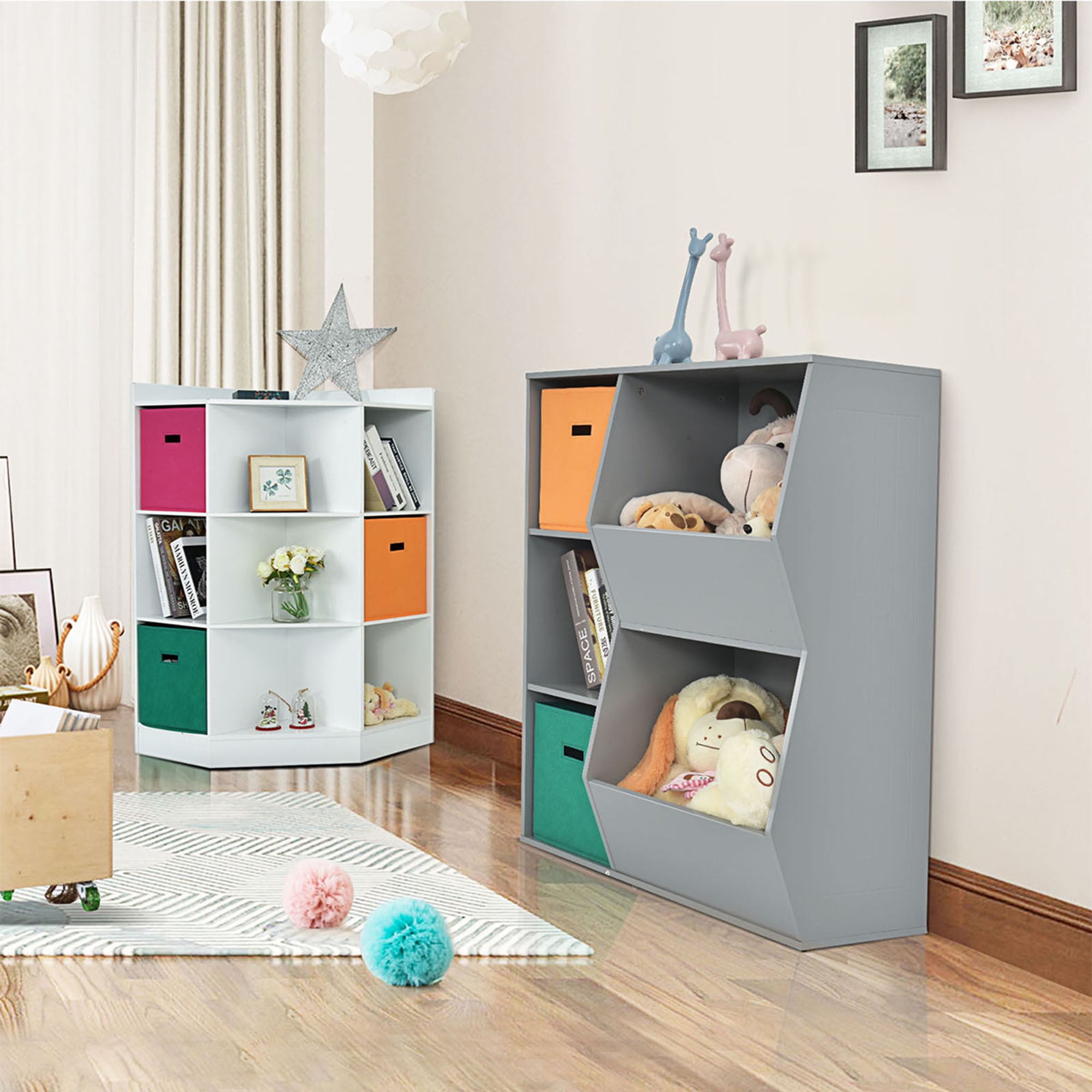 Gymax 3-Tier Kids Storage Shelf Cubes White w/3 Baskets Corner Cabinet Organizer
