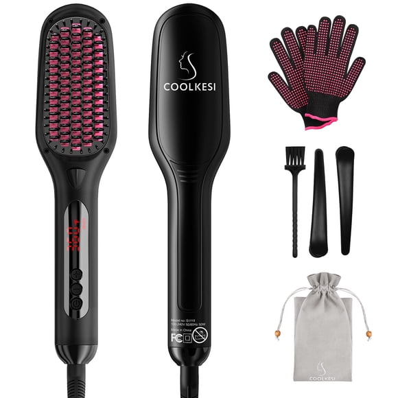 Cepillo alisador de pelo iónico de COOLKESI, cepillo alisador de cerámica MCH de calentamiento rápido de 30 segundos con función antiescaldaduras, apagado automático y doble voltaje, peine alisador el