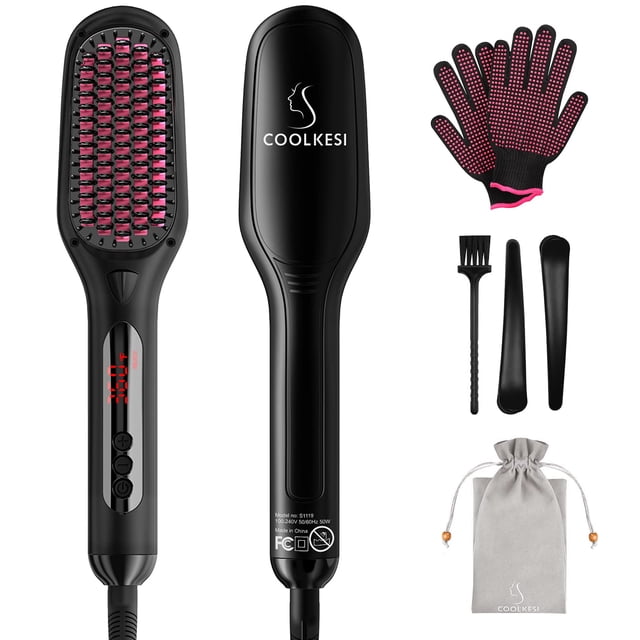 Cepillo alisador de pelo iónico de COOLKESI, cepillo alisador de cerámica MCH de calentamiento rápido de 30 segundos con función antiescaldaduras, apagado automático y doble voltaje, peine alisador el
