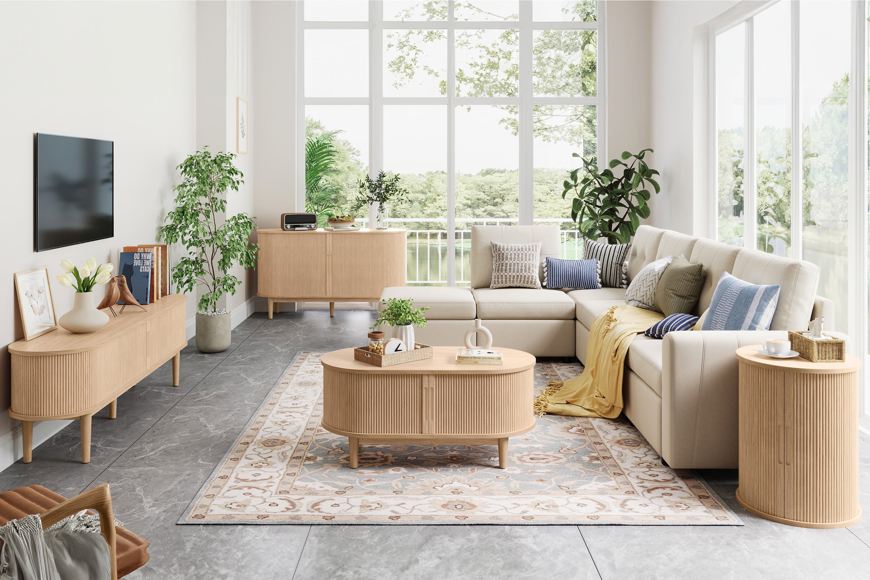 LINSY HOME Fluted Coffee Table with Storage, Mid-Century Coffee Table for Living Room with Sliding Tambour Door, Oak