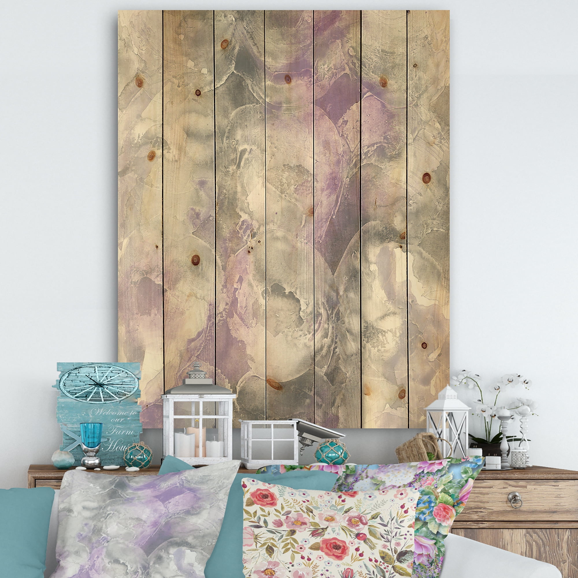 Designart 'Minimal Watercolor Purple Tones III' Modern Farmhouse Print on Natural Pine Wood