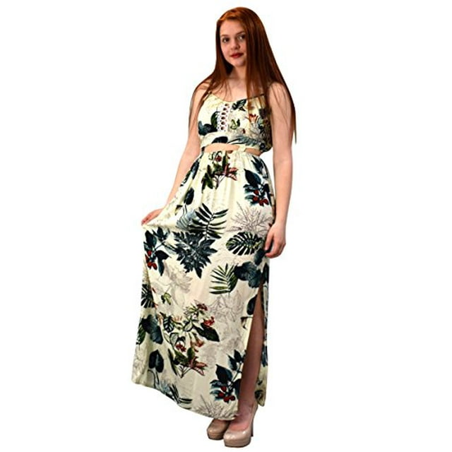 Peach Couture Floral Leaf Print Cut Out Waist Spaghetti Strap Summer Maxi Dress Offwhite