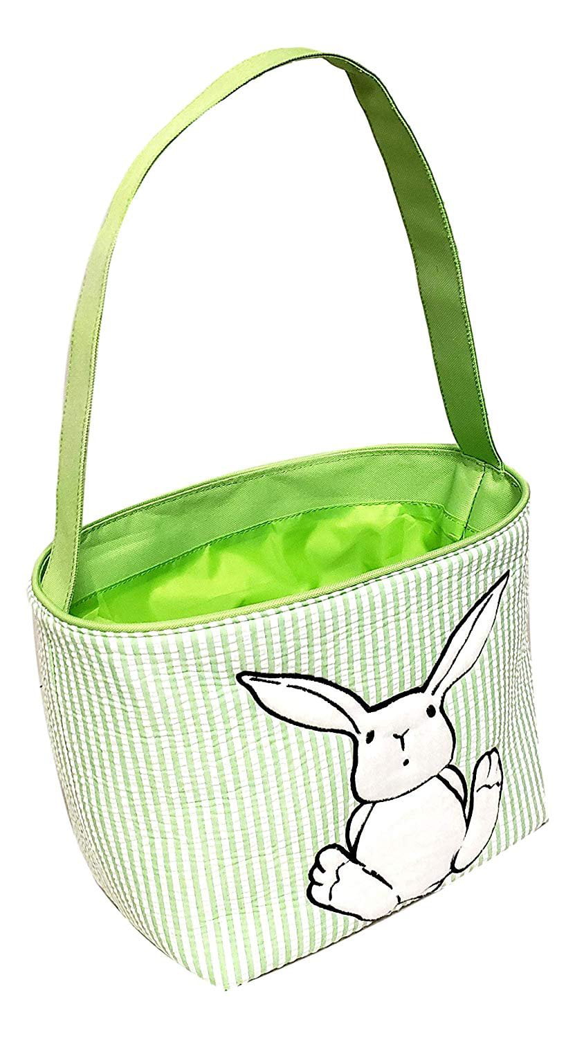 Toys Egg Collecting Black - Embroidered Name EMB Seersucker Stripe Fabric Easter Basket Bucket Tote Bag