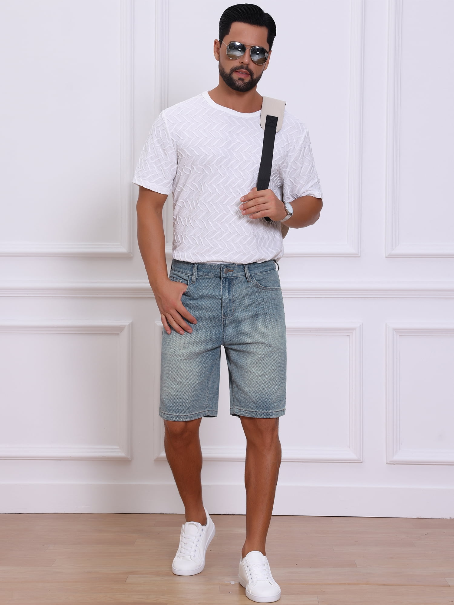 DARING DIVA Men's Textured Denim Above Knee Zipper Closure Jean Shorts 38 Light Blue