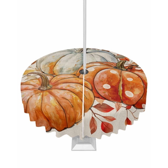 Boanket Outdoor Tablecloth with Umbrella Hole for Patio/Picnic/Party/Camping, Orange White Pumpkins Fall Waterproof Table Cloth Round Cover Washable, Maple Leaf Harvest Rustic (Dia 54")