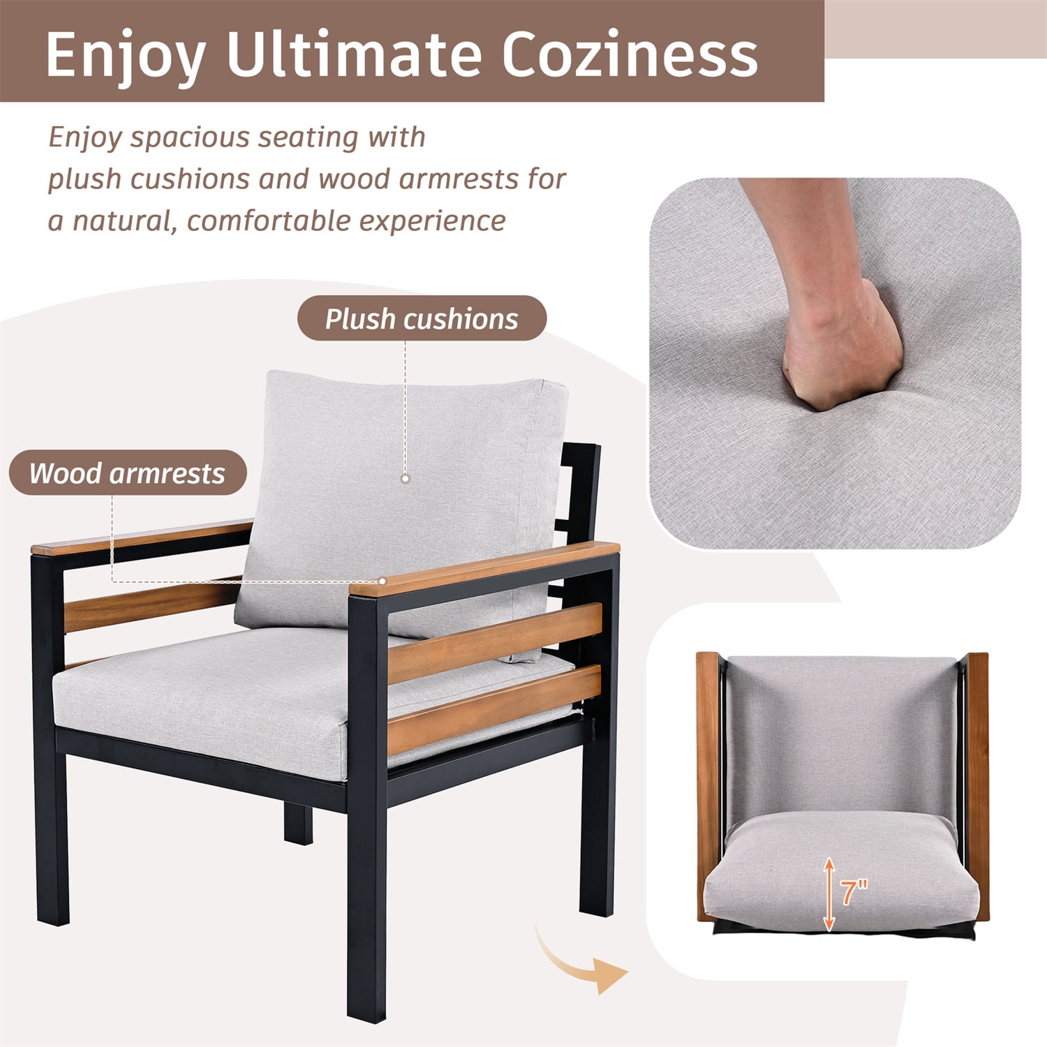 YIORTWO Patio Furniture Set, 4 Piece Outdoor Patio Furniture with Coffee Table Set, Metal Patio Conversation Sets with Washable and High-Resiliency Sponge Cushions, Beige
