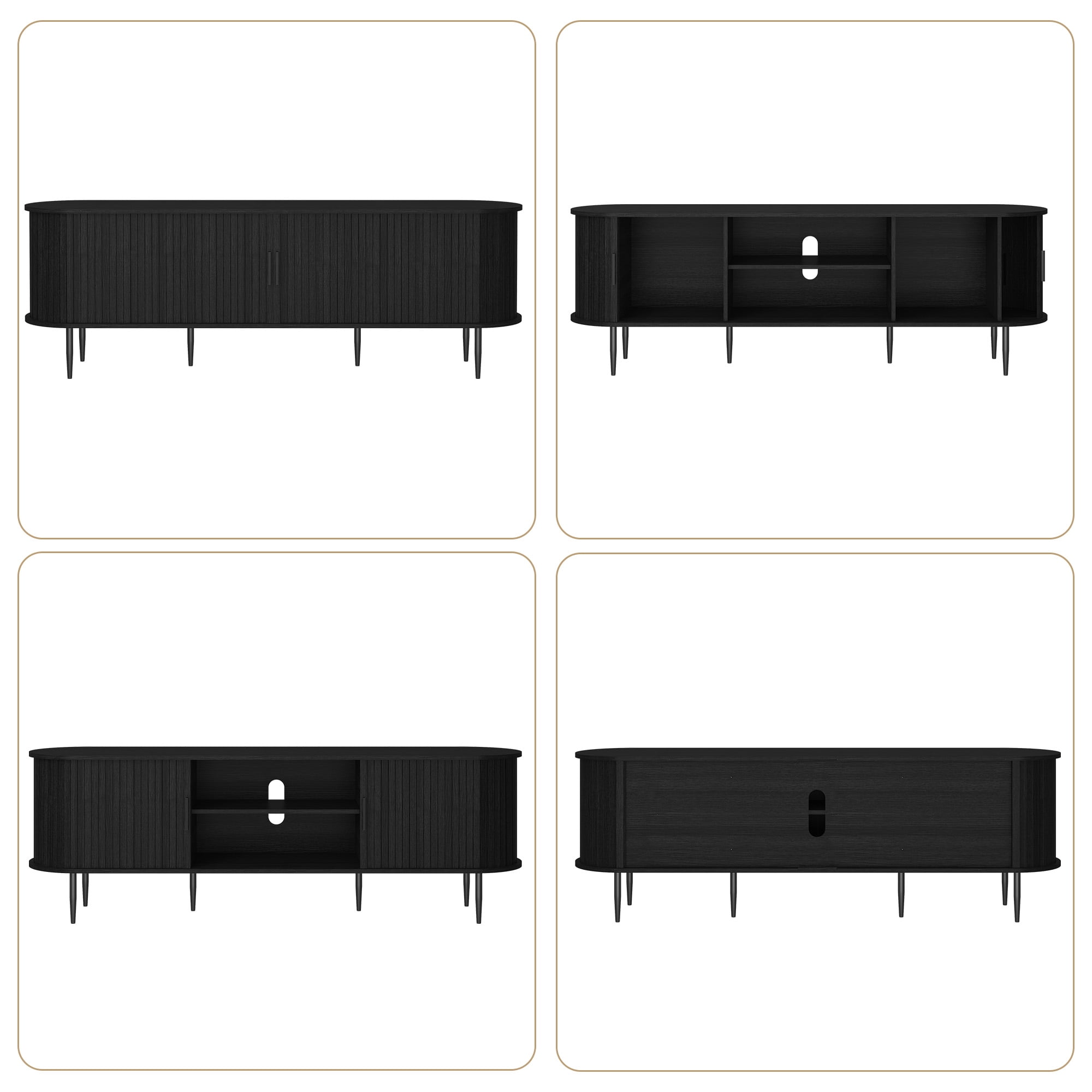 HLR 70" Mid Century TV Stand with Tambour Door for TVs up to 80", Entertainment Center with Storage, Black