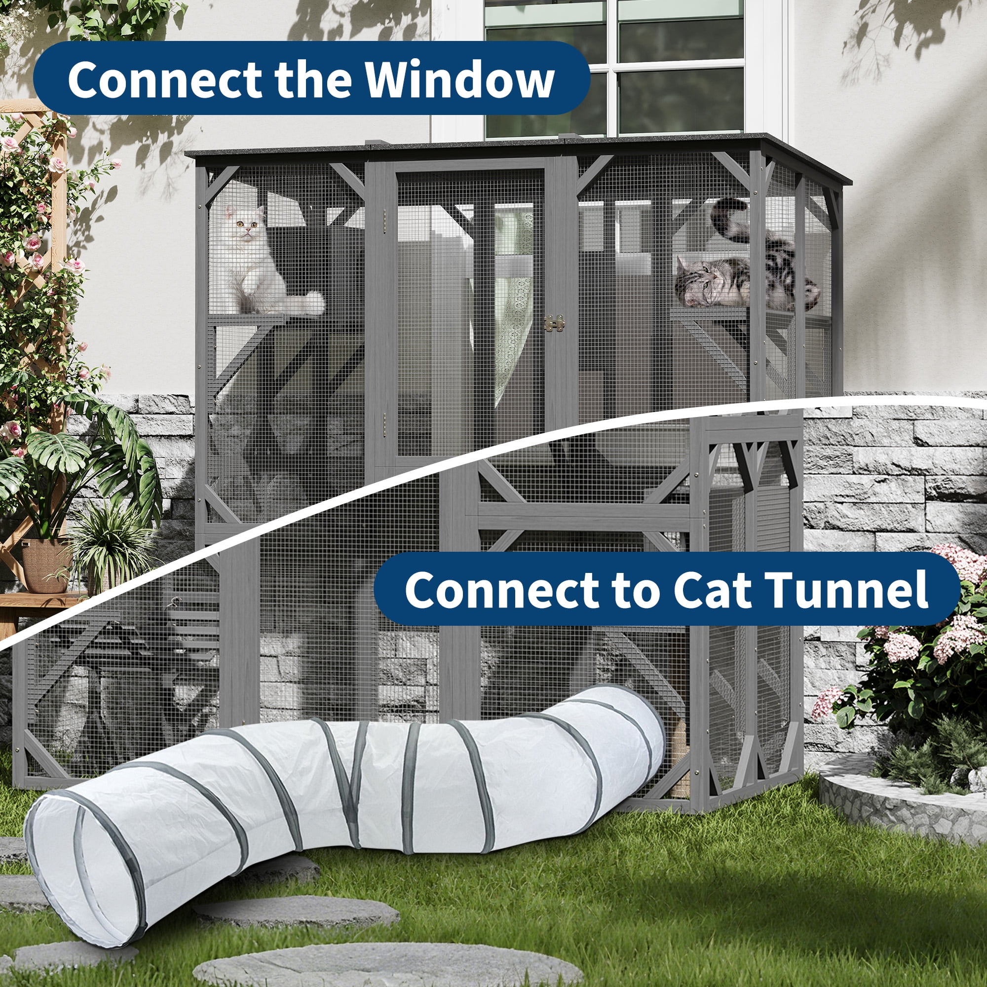 Kicctian Spacious Outdoor Wooden Cat Enclosure Catio - Large Walk-In Cat Cage with Waterproof Roof, 4 Platforms, 2 Rest Boxes, Scratching Post, Hammock, Sliding Doors, Window Access -Grey