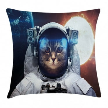 Space Cat Throw Pillow Cushion Cover, House Cat in Galaxy Outer Space with World and Sun Backdrop, Decorative Square Accent Pillow Case, 18 X 18 Inches, White Light Yellow and Blue, by Ambesonne