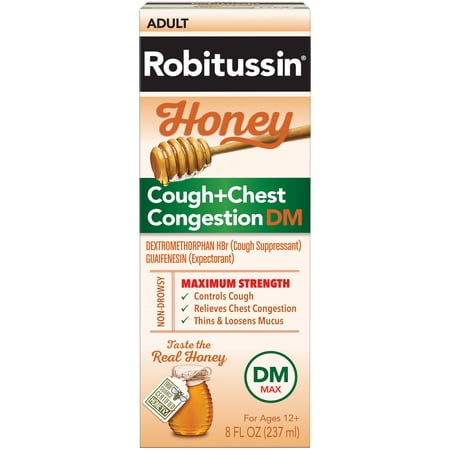 Robitussin Honey Adult Maximum Strength Cough + Chest Congestion DM Max, Non-Drowsy Cough Suppressant & Expectorant, Real Honey, 8 fl. oz. (Best Cough Suppressant Uk)