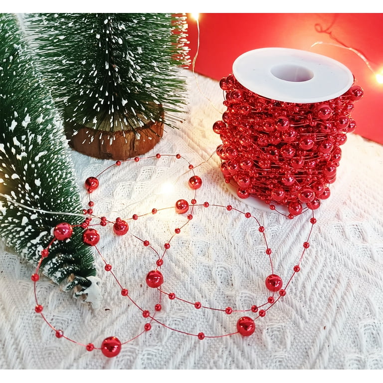 Christmas Tree Beaded Garland, Plastic Pearl Strand Chain, Red