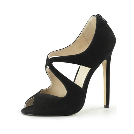 Womens Black Suede Pumps - Womens Black Suede Shoes Peep Toe Pumps Back Zip Sandals Cut Outs 5 Inch Heels