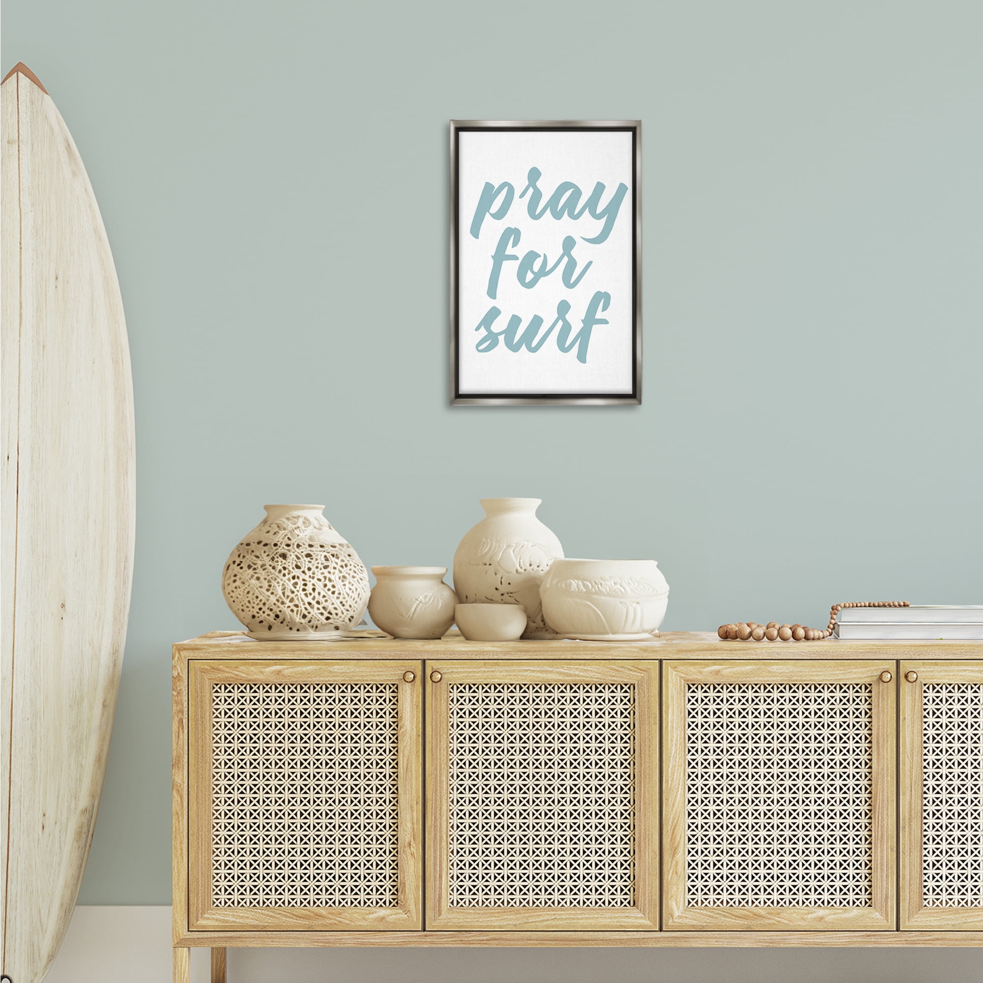 Stupell Industries Pray For Surf Typography Painting Gray Floater Framed Canvas Art Print Wall Art, 17 x 25