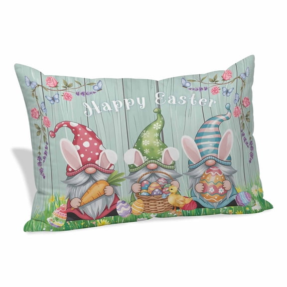 Easter Bunny Gnomes Pillow Covers, Linen Long Throw Pillow Case, Spring Easter Eggs Floral Teal Wood Holiday Pillow Protector Decorative Cushion Cover for Living Room/Bedroom 16" x 24"