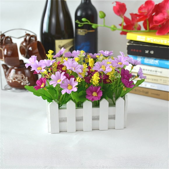 TIMIFIS Wooden Fence Artificial Flowers,White Fence Fake Flower Potted Plant,Indoor Simulation Flower Decoration for Bedroom Living Room,Entrance Office