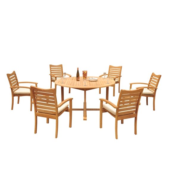 Grade-A Teak Dining Set: 6 Seater 7 Pc: 60" Round Table And 6 Aspen Stacking Arm Chairs Outdoor Patio WholesaleTeak #51AP1207