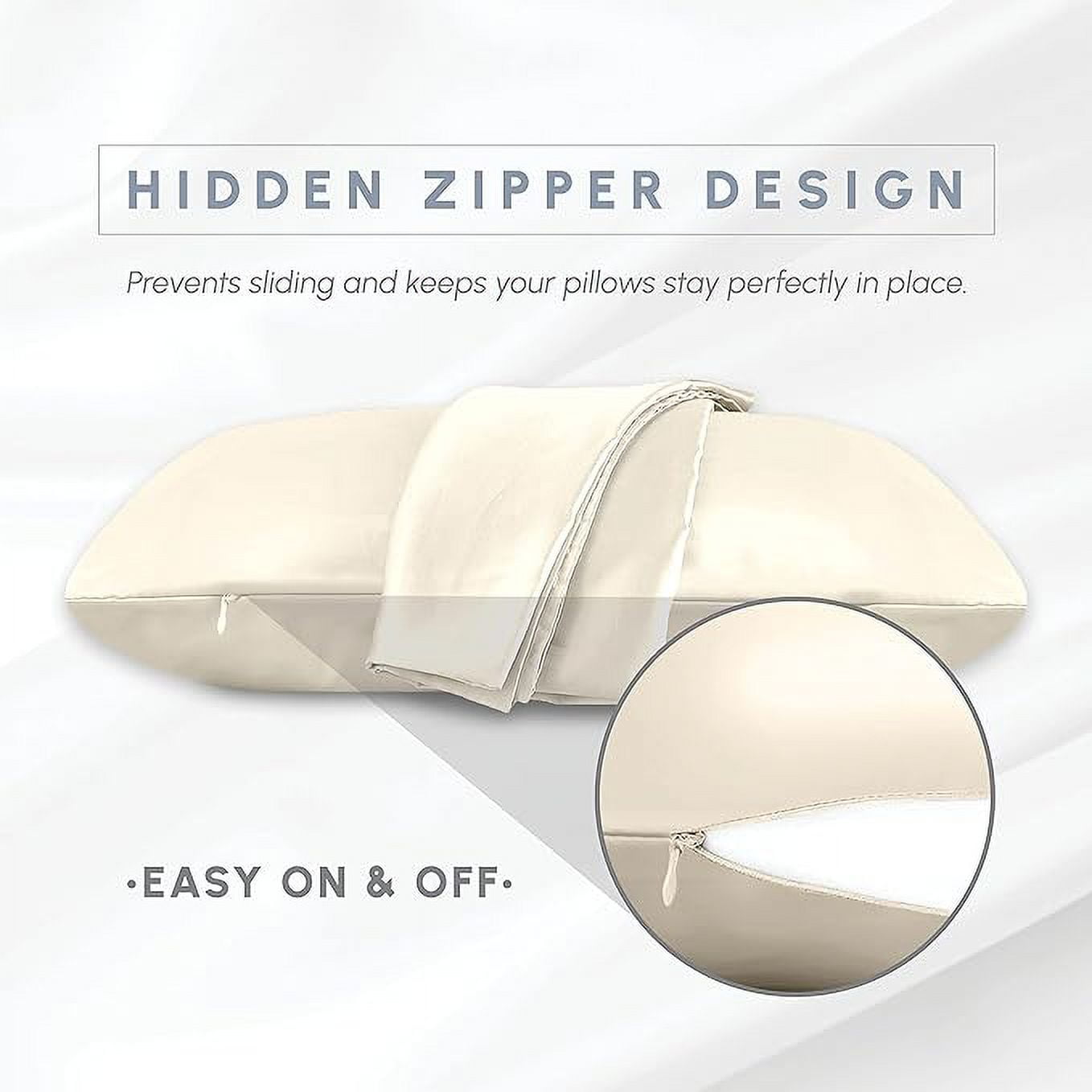2 Pieces Satin Pillowcase Set with Hidden Zipper closure, Standard/Queen, Cream