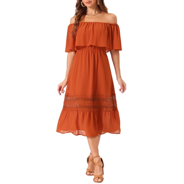 INSPIRE CHIC Vestido de Mujer con Mangas de Volante, Off The Shoulder, con Volantes y Inserción de Encaje, Maxi Vestidos XS Naranja Quemado