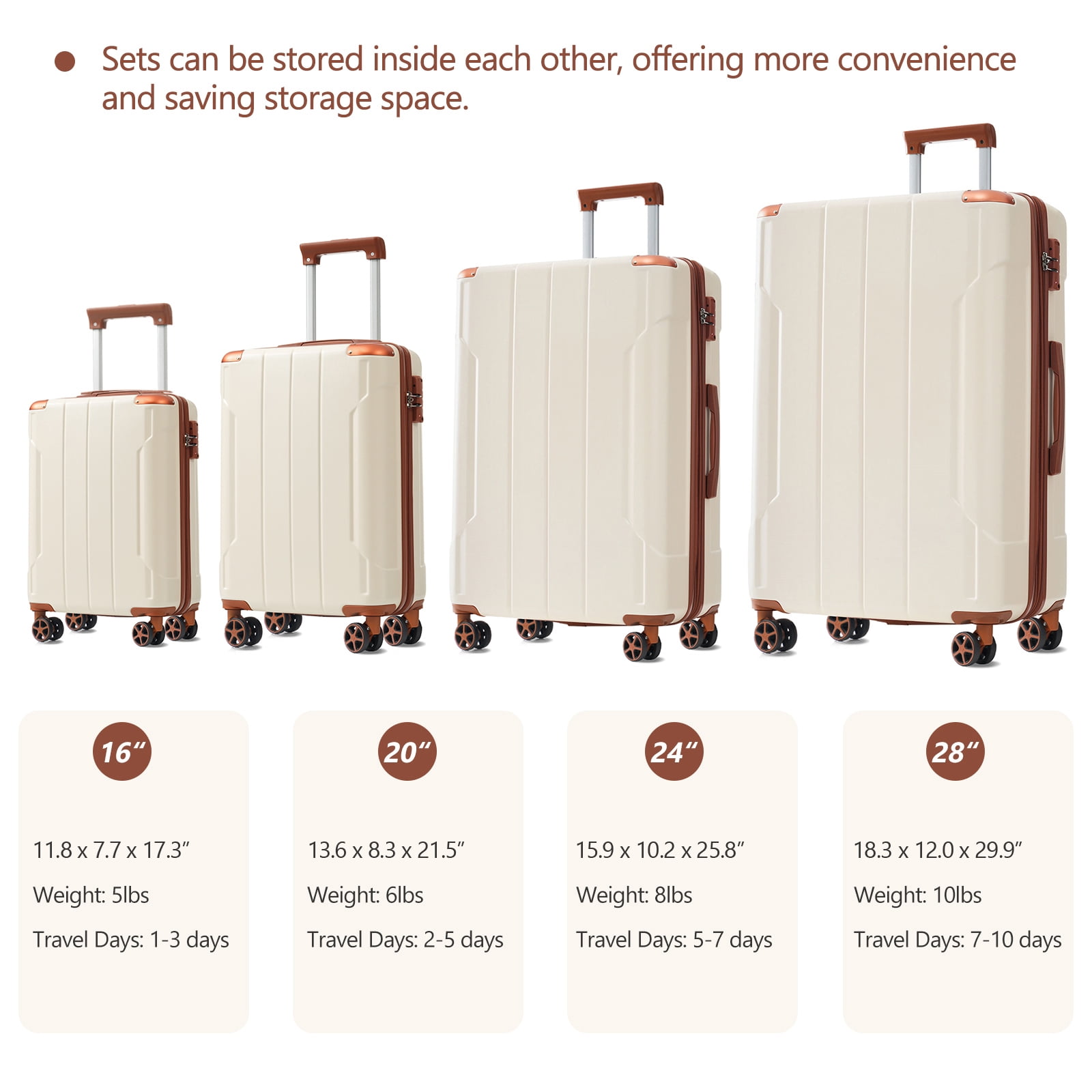 EUROCO 6 Piece Luggage Set, Hardshell Expandable Suitcase with TSA Lock, Spinner Wheels and 2 Bags,Travel Carry On Suitcase Set for Men Women,White Brown