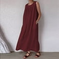 thumbnail image 4 of Usmixi Summer Beach Dress 2022 Casual Women Crewneck Short Sleeve Solid Loose Shift Midi Sun Vintage Cotton Linen Pocket Dresses Wine XXXXL, 4 of 6