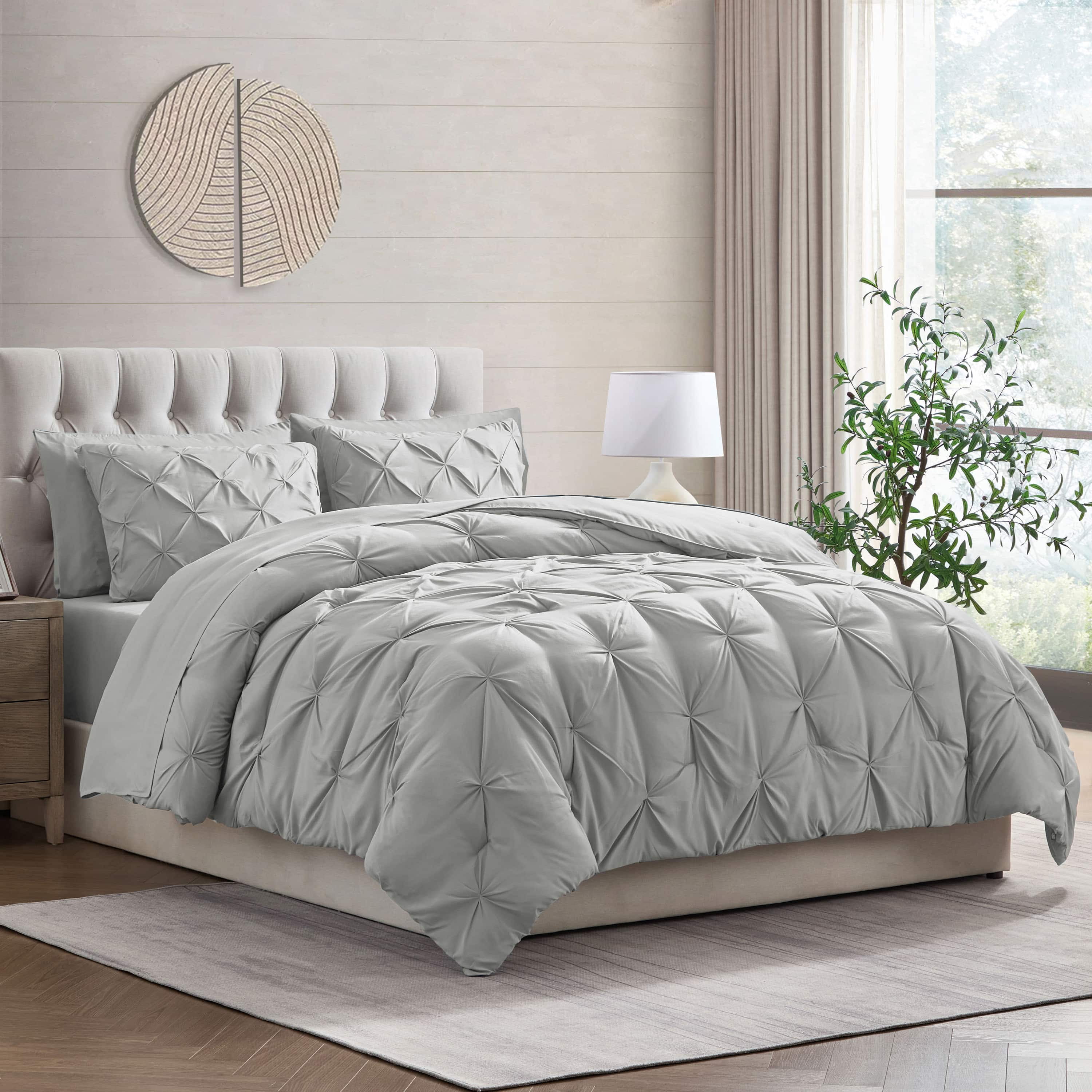 LammaLoe Full Size Comforter Sets, 7 Piece Bed In A Bag Pintuck Bedding Sets, light grey