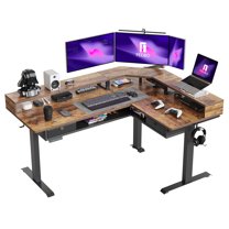 FEZIBO 63" L Shaped Standing Desk with LED Strip, Electric Triple Motor Sit Stand up Corner Desk Height Adjustable with Monitor Stand & Shelves, 2 Drawers, Ergonomic Home Office Desk, Rustic Brown
