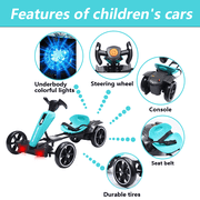 Juuar 12V Pedal Go Kart for Kids Age 3+, 4 Wheel Folding Ride on Car with Lights & Music, Up to 3 MPH, 2 x 390W Powered Fun Electric Vehicles Toys Gifts for Boys Girls, Light Blue
