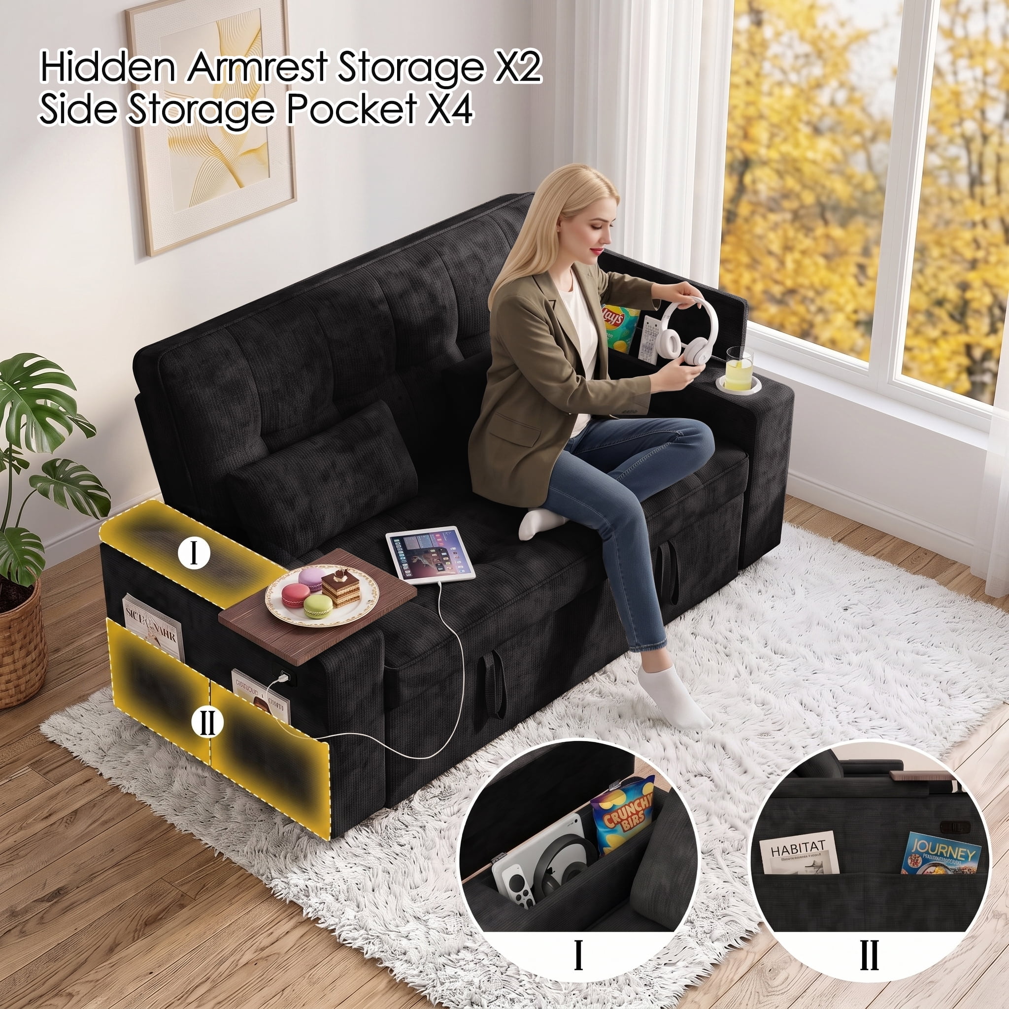 Xiweot 65" Sleeper Sofa Bed, 3-in-1 Convertible Chenille Futon Couch, Loveseat Sofa with Adjustable Backrest, Pull out Couch with Storage Armrest, Table & Pillows for Living Room Apartment (Black)