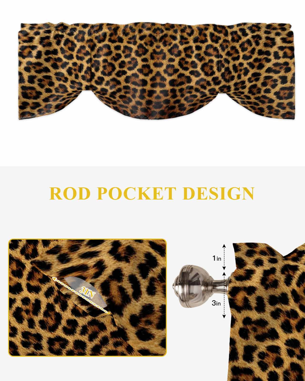 Retro Leopard Tie Up Valances Curtain, Adjustable Kitchen Abstract Classic Texture Decoration Valances for Windows Decor, Rod Pocket Short Curtains Set for Bedroom/Bathroom, 54"x18"