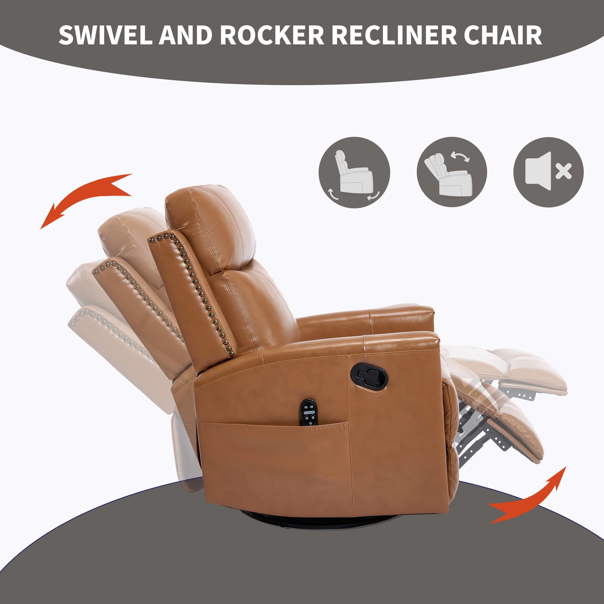 MAYEERTY Orange Genuine Leather Manual Recliner Chair 360° Swivel Rocker 155° Recline with 8-Point Massage Heat for Living Room