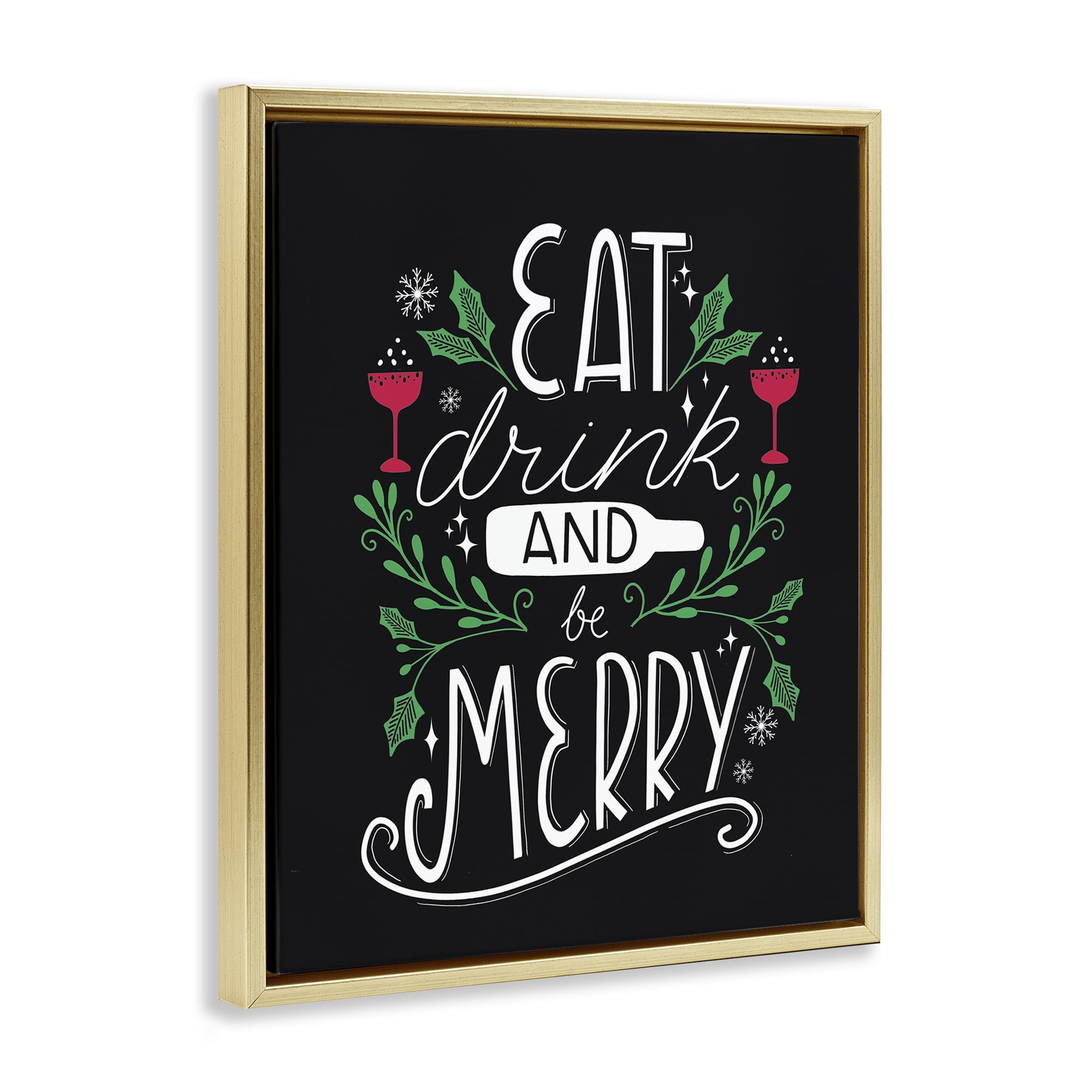 Stupell Industries Eat Drink and Merry Xmas Holiday Painting Gold Floater Framed Canvas Art Prints Wall Art, 25 x 31