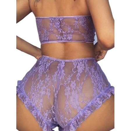 

GuliriFei Women Sexy 2PCS Lingerie Set Floral Lace Crop Slim See Through Mesh Top High Waist Ruffle Short Pants Sleepwear Set
