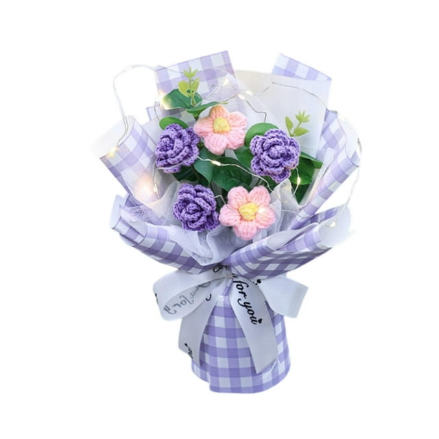 Ramo de flores de crochet decorativo con tira de luz, decoración artística para amigos Púrpura