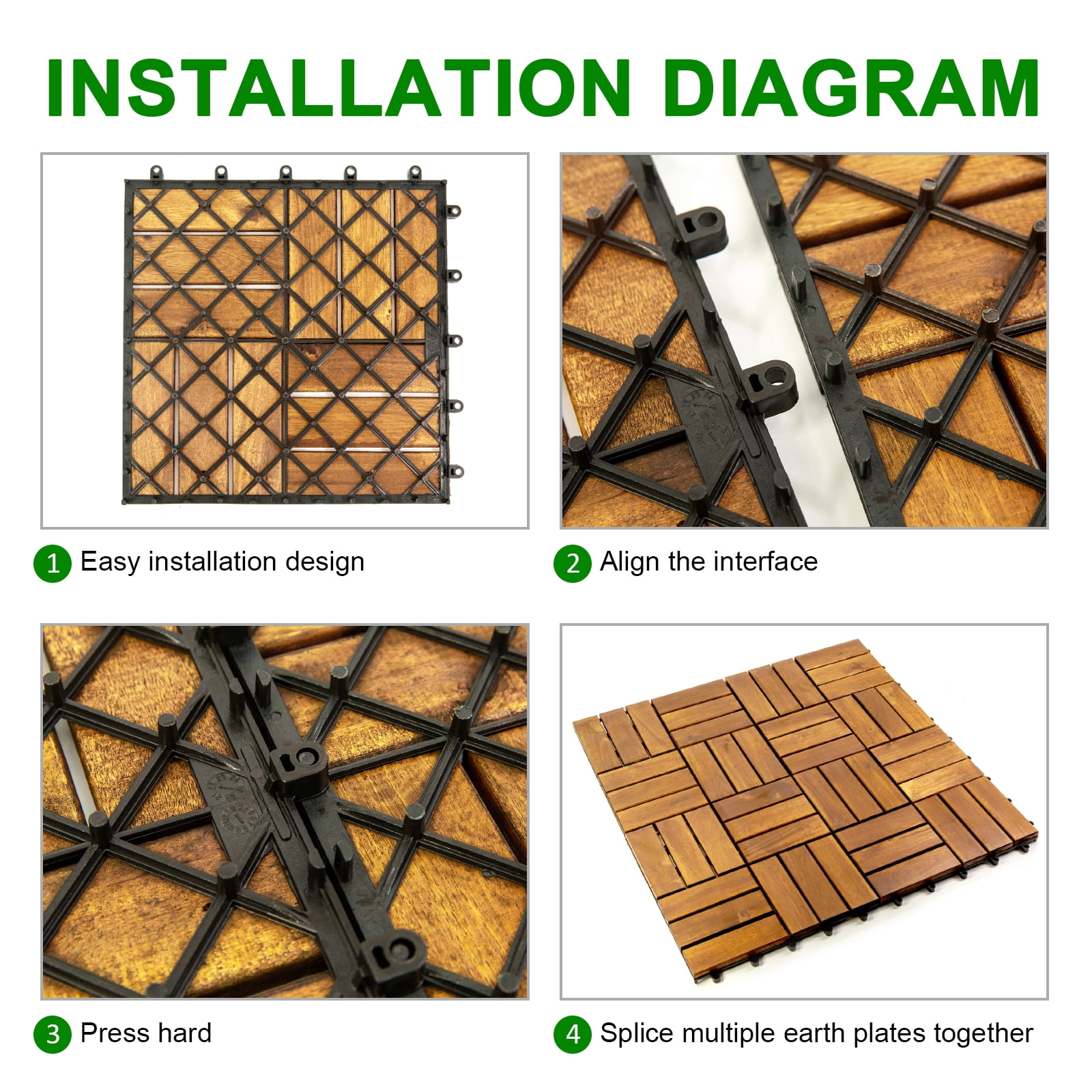 Acacia Wood Interlocking Deck Tiles 4-Pack Weatherproof Outdoor Patio Balcony Shower Floor Drainage