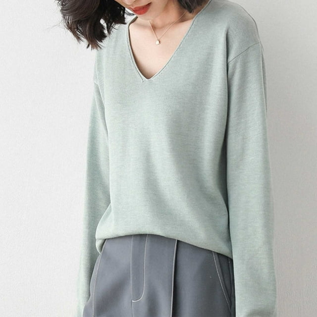 Knit Sweaters for Women Solid Color V Neck Sweaters Loose Fit Korean Style Versatile Layering Fall Winter Long Sleeve Pullovers Top Mint Green M