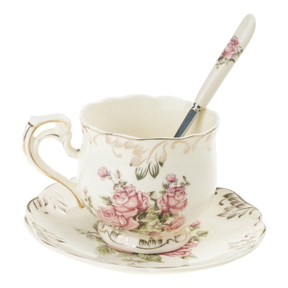 Ivory Porcelain Rose Flower Sea Cup Saucers Set 250ml Ivory Ceramics Teas Cup and Saucers with Spoon Drinking Utensils