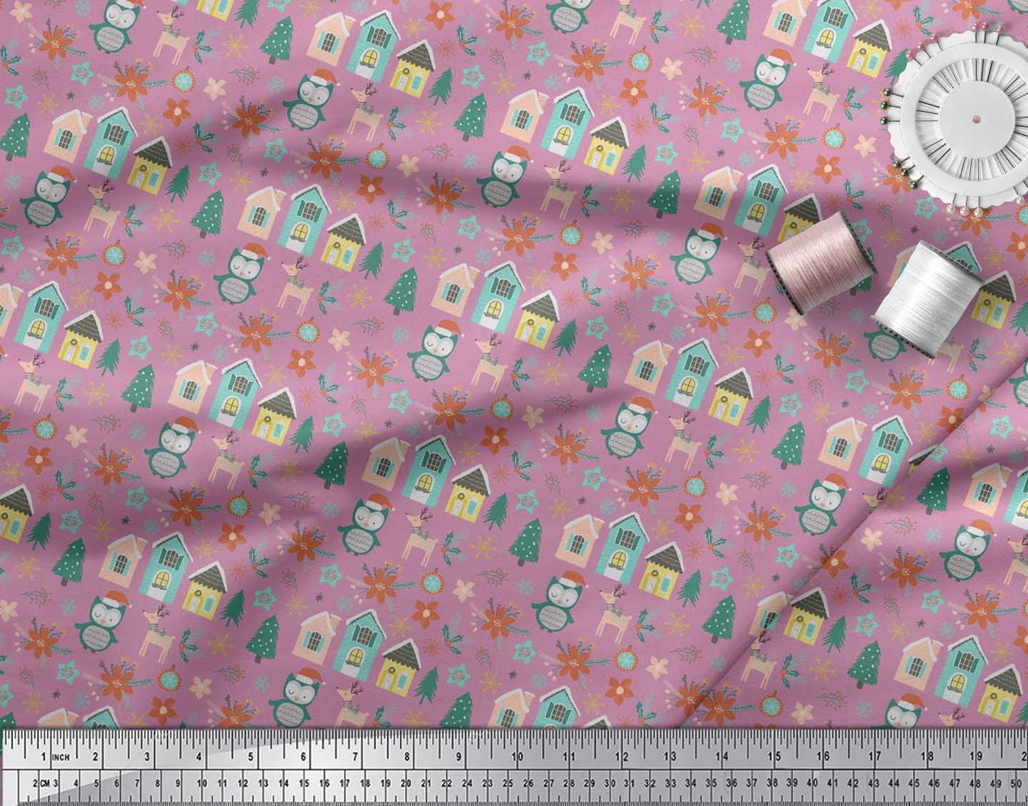 Soimoi Purple Moss Georgette Fabric Owl & Tree Christmas Printed Fabric 1 Yard 42 Inch Wide