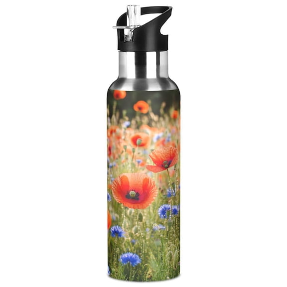 1000ml Vacuum Insulated Sports Water Bottle with Foldable Straw Stainless Steel Portable Thermos Cup Field Of Wildflowers