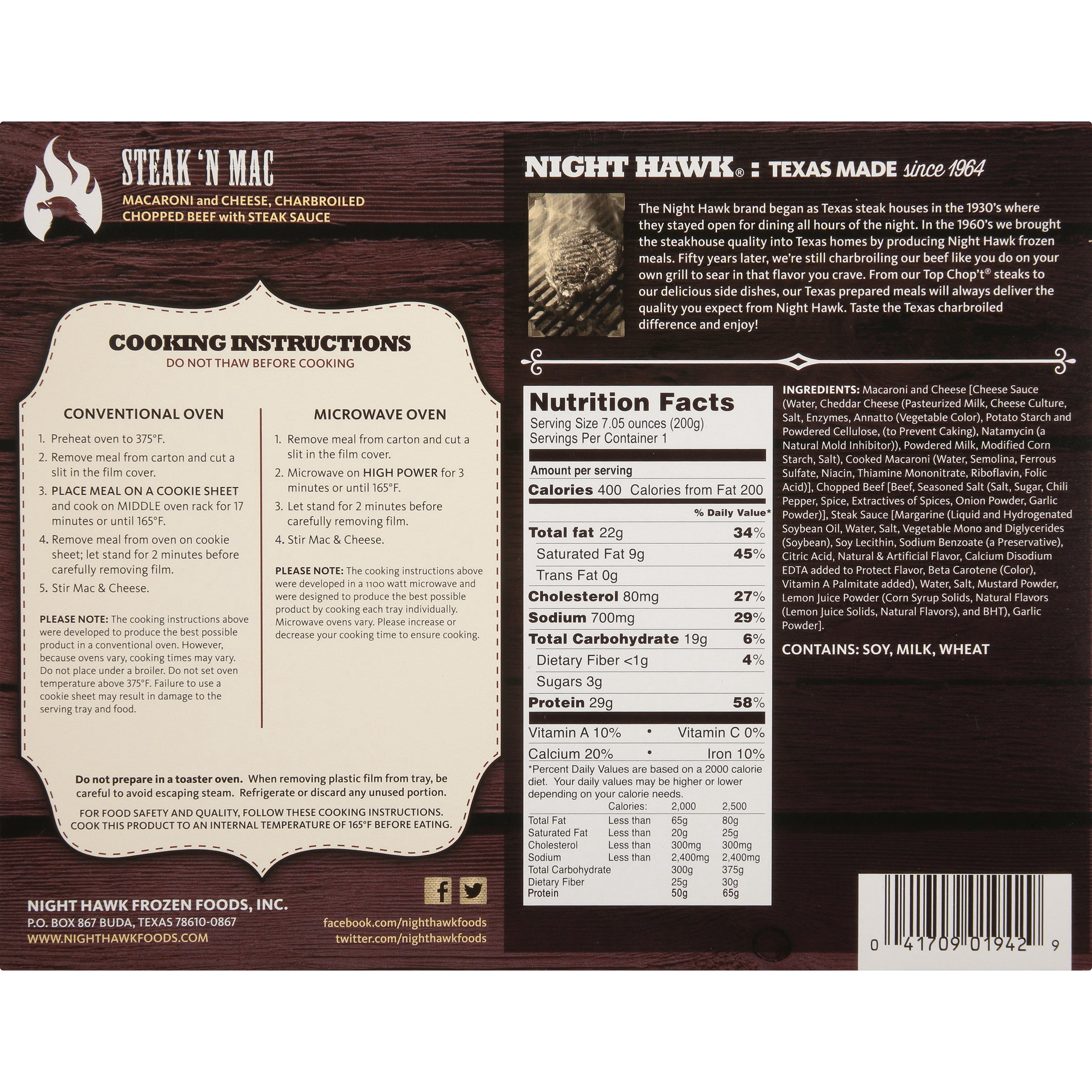 Night Hawk Steak 'N Mac Meal 7.05 oz. Box Frozen Meal Full Single Serve Contains: Milk, Soy, & Wheat