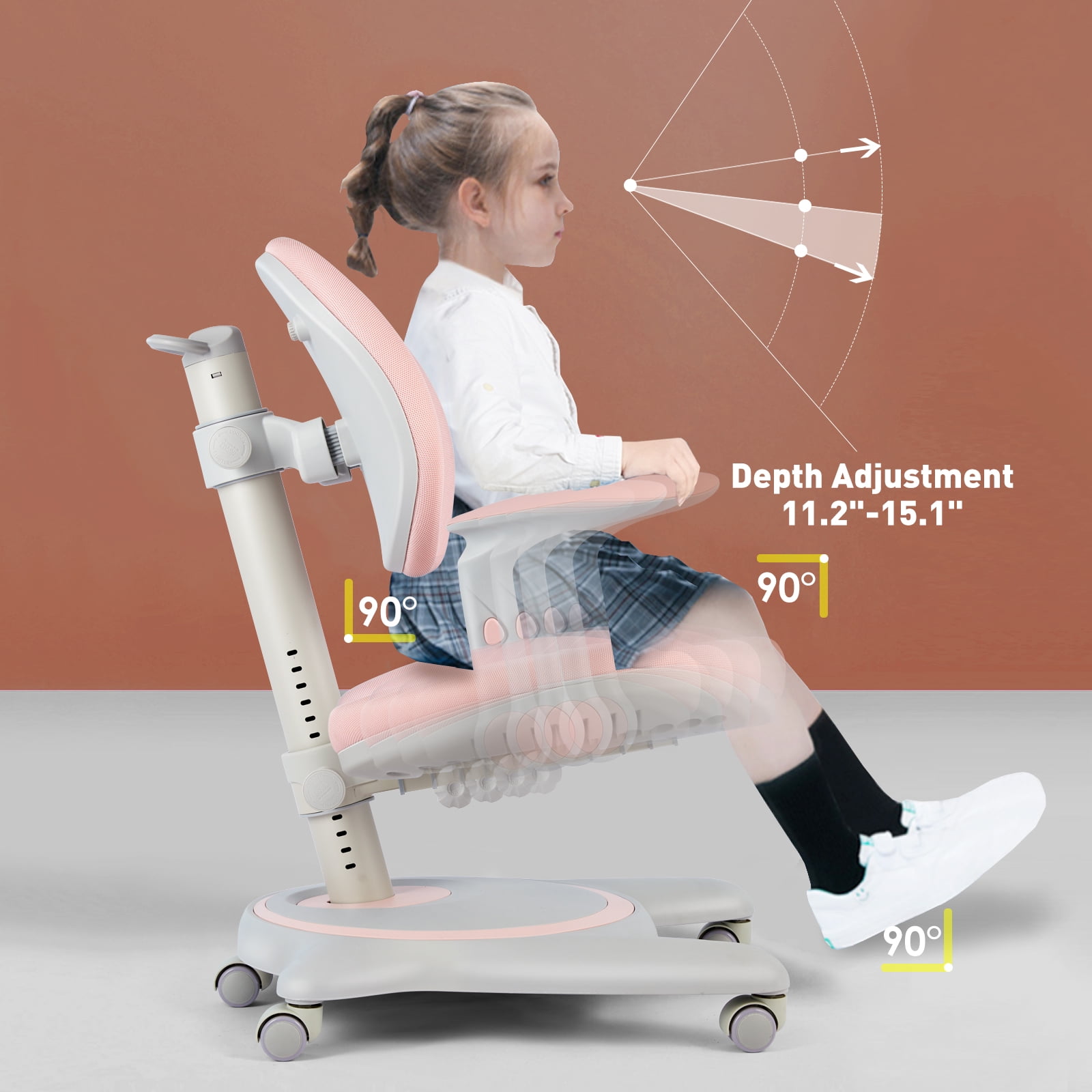 COSVALVE Premium Kids Comfy Chair Reading Chair for Bedroom with Height and Depth Adjustable,Foldable Armrest, Auto Sit-Locking Wheels,for Girls(Pink)