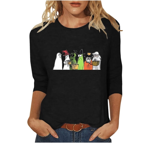Raeneomay 3/4 Length Sleeve Womens Tops Women's Tops Halloween Print Loose and Comfortable Round Neck 3/4 Sleeve T-Shirt Loose Tops/Shirts