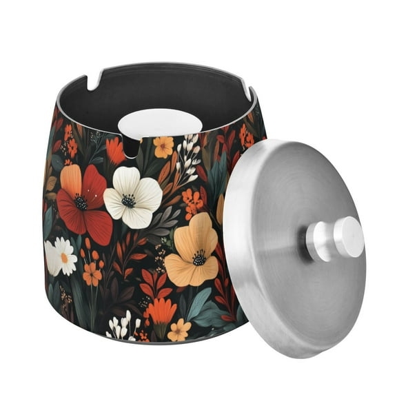Yayeee Ashtray with Lid for Cigarette Smokeless Stainless Steel Home Ash Holder, Red Flowers Pattern