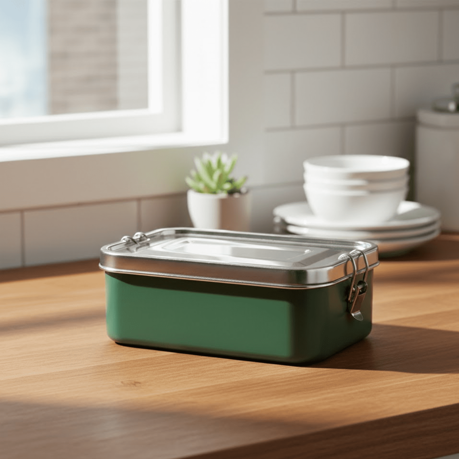 Mayur Exports Bento Lunch Box (Green) with Movable Divider | Leak-Proof, Secure Clips | 60 Oz/1800ml | 8.25x5.55x2.75 in | Food-Grade Stainless Steel | Heavy Duty | Available in 4 Colors.